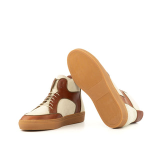 Ambrogio Bespoke Custom Men's Shoes Cognac & Ivory Suede / Calf-Skin Leather High-Top Sneakers (AMB2143)-AmbrogioShoes