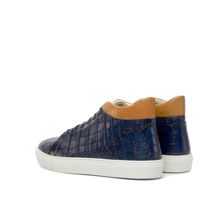 Ambrogio Bespoke Custom Men's Shoes Cognac & Navy Crocodile Print / Calf-Skin Leather High Top Sneakers (AMB2212)-AmbrogioShoes