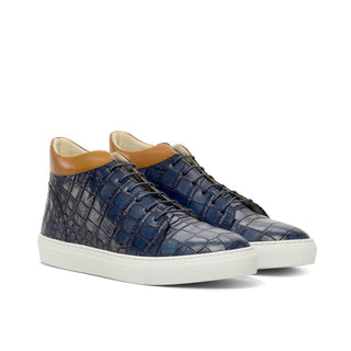 Ambrogio Bespoke Custom Men's Shoes Cognac & Navy Crocodile Print / Calf-Skin Leather High Top Sneakers (AMB2212)-AmbrogioShoes