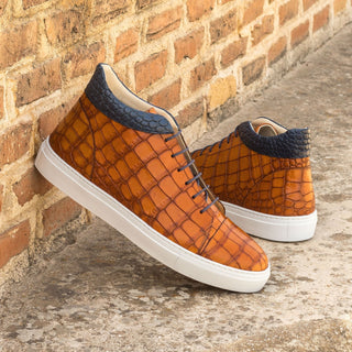 Ambrogio Bespoke Custom Men's Shoes Cognac & Navy Crocodile Print / Calf-Skin Leather High Top Sneakers (AMB2213)-AmbrogioShoes