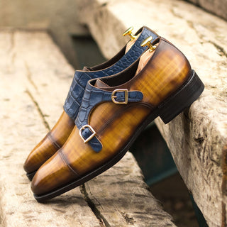 Ambrogio Bespoke Custom Men's Shoes Cognac & Navy Crocodile Print / Patina Leather Monk-Straps Loafers (AMB1912)-AmbrogioShoes