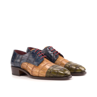 Ambrogio Bespoke Custom Men's Shoes Cognac, Navy & Olive Exotic Alligator Derby Oxfords (AMB2205)-AmbrogioShoes