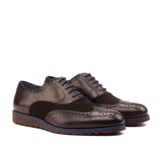 Ambrogio Bespoke Custom Men's Shoes Dark Brown Suede / Calf-Skin Leather Full Brogue Oxfords (AMB2130)-AmbrogioShoes