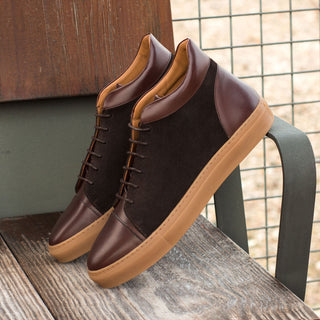 Ambrogio Bespoke Custom Men's Shoes Dark Brown Suede / Calf-Skin Leather High-Top Sneakers (AMB2002)-AmbrogioShoes