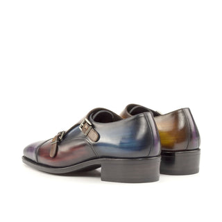Ambrogio Bespoke Custom Men's Shoes Denim, Cognac, Purple & Burgundy Patina Leather Monk-Straps Loafers (AMB2227)-AmbrogioShoes