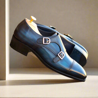 Ambrogio Bespoke Custom Men's Shoes Denim Patina Leather Monk-Straps Loafers (AMB1965)-AmbrogioShoes