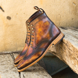 Ambrogio Bespoke Custom Men's Shoes Fire Patina Leather Military Brogue Boots (AMB2215)-AmbrogioShoes