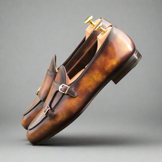 Ambrogio Bespoke Custom Men's Shoes Fire Patina Leather Monk-Straps Loafers (AMB1969)-AmbrogioShoes