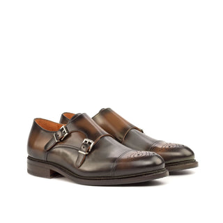 Ambrogio Bespoke Custom Men's Shoes Gray & Brown Calf-Skin Leather Monk-Straps Loafers (AMB1953)-AmbrogioShoes