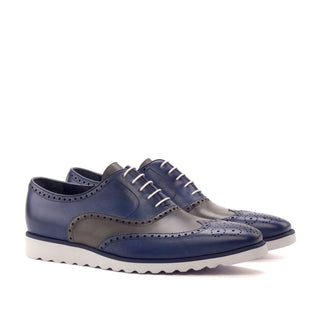 Ambrogio Bespoke Custom Men's Shoes Gray & Navy Calf-Skin Leather Full Brogue Oxfords (AMB2116)-AmbrogioShoes