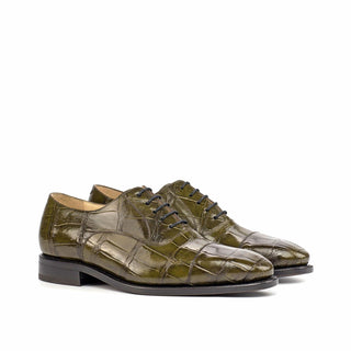 Ambrogio Bespoke Custom Men's Shoes Green Olive Exotic Alligator Wholecut Oxfords (AMB1904)-AmbrogioShoes