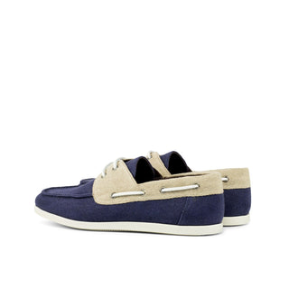 Ambrogio Bespoke Custom Men's Shoes Ice & Navy Linen Fabric Boat Loafers (AMB2158)-AmbrogioShoes