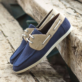 Ambrogio Bespoke Custom Men's Shoes Ice & Navy Linen Fabric Boat Loafers (AMB2158)-AmbrogioShoes