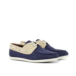 Ambrogio Bespoke Custom Men's Shoes Ice & Navy Linen Fabric Boat Loafers (AMB2158)-AmbrogioShoes