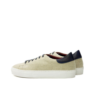 Ambrogio Bespoke Custom Men's Shoes Ice & Navy Linen / Full Grain Leather Trainers Sneakers (AMB2142)-AmbrogioShoes