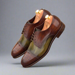 Ambrogio Bespoke Custom Men's Shoes Khaki & Brown Patina Leather Derby Oxfords (AMB1980)-AmbrogioShoes