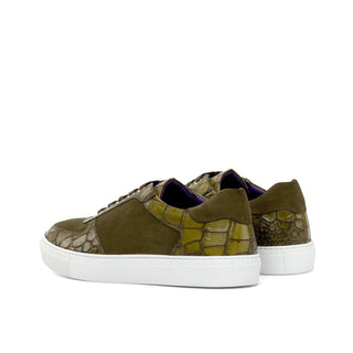 Ambrogio Bespoke Custom Men's Shoes Khaki & Olive Suede / Crocodile Print Leather Trainer Sneakers (AMB2231)-AmbrogioShoes