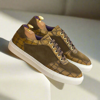 Ambrogio Bespoke Custom Men's Shoes Khaki & Olive Suede / Crocodile Print Leather Trainer Sneakers (AMB2231)-AmbrogioShoes