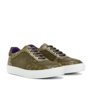 Ambrogio Bespoke Custom Men's Shoes Khaki & Olive Suede / Crocodile Print Leather Trainer Sneakers (AMB2231)-AmbrogioShoes