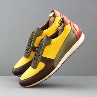 Ambrogio Bespoke Custom Men's Shoes Mustard, Brown, Green & Red Suede / Calf-Skin Leather Casual Sneakers (AMB2001)-AmbrogioShoes