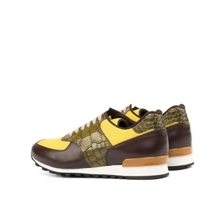 Ambrogio Bespoke Custom Men's Shoes Mustard, Brown & Olive Linen / Calf-Skin Leather Casual Sneakers (AMB1995)-AmbrogioShoes