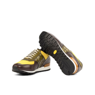 Ambrogio Bespoke Custom Men's Shoes Mustard, Brown & Olive Linen / Calf-Skin Leather Casual Sneakers (AMB1995)-AmbrogioShoes