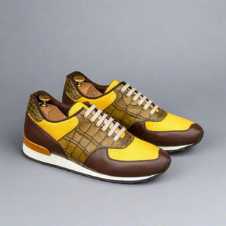 Ambrogio Bespoke Custom Men's Shoes Mustard, Brown & Olive Linen / Calf-Skin Leather Casual Sneakers (AMB1995)-AmbrogioShoes