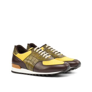 Ambrogio Bespoke Custom Men's Shoes Mustard, Brown & Olive Linen / Calf-Skin Leather Casual Sneakers (AMB1995)-AmbrogioShoes