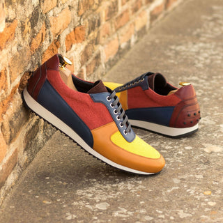 Ambrogio Bespoke Custom Men's Shoes Mustard, Red, Burgundy, Cognac & Navy Fabric / Suede / Calf-Skin Leather Casual Sneakers (AMB1955)-AmbrogioShoes