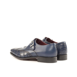 Ambrogio Bespoke Custom Men's Shoes Navy Crocodile Print & Calf-Skin Leather Monk-Strap Loafers (AMB2193)-AmbrogioShoes