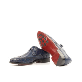 Ambrogio Bespoke Custom Men's Shoes Navy Crocodile Print & Calf-Skin Leather Monk-Strap Loafers (AMB2193)-AmbrogioShoes