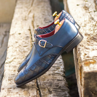 Ambrogio Bespoke Custom Men's Shoes Navy Crocodile Print & Calf-Skin Leather Monk-Strap Loafers (AMB2193)-AmbrogioShoes