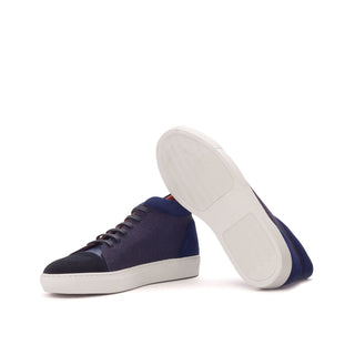 Ambrogio Bespoke Custom Men's Shoes Navy Linen / Suede / Calf-Skin Leather High-Top Sneakers (AMB2135)-AmbrogioShoes