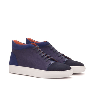 Ambrogio Bespoke Custom Men's Shoes Navy Linen / Suede / Calf-Skin Leather High-Top Sneakers (AMB2135)-AmbrogioShoes