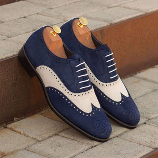 Ambrogio Bespoke Custom Men's Shoes Navy & White Suede Leather Full Brogue Oxfords (AMB2129)-AmbrogioShoes