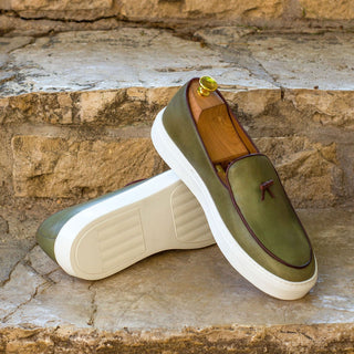 Ambrogio Bespoke Custom Men's Shoes Olive Calf-Skin Leather Belgian Slip-On Sneakers (AMB2137)-AmbrogioShoes