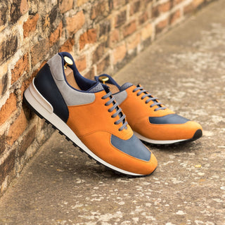 Ambrogio Bespoke Custom Men's Shoes Orange, Gray & Navy Suede / Pebble Grain Leather Sneakers (AMB1908)-AmbrogioShoes