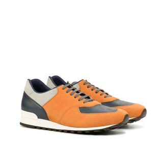 Ambrogio Bespoke Custom Men's Shoes Orange, Gray & Navy Suede / Pebble Grain Leather Sneakers (AMB1908)-AmbrogioShoes