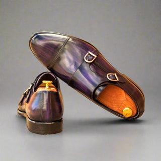 Ambrogio Bespoke Custom Men's Shoes Purple Patina Leather Monk-Straps Loafers (AMB1985)-AmbrogioShoes