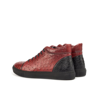 Ambrogio 4649 Bespoke Custom Men's Custom Made Shoes Red & Black Exotic Ostrich High-Top Sneakers (AMB1866)-AmbrogioShoes