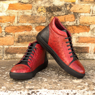 Ambrogio 4649 Bespoke Custom Men's Custom Made Shoes Red & Black Exotic Ostrich High-Top Sneakers (AMB1866)-AmbrogioShoes