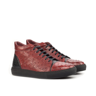 Ambrogio 4649 Bespoke Custom Men's Custom Made Shoes Red & Black Exotic Ostrich High-Top Sneakers (AMB1866)-AmbrogioShoes