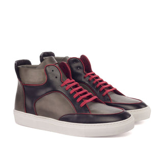 Ambrogio Bespoke Custom Men's Shoes Red, Black & Gray Calf-Skin Leather High-Top Sneakers (AMB1914)-AmbrogioShoes