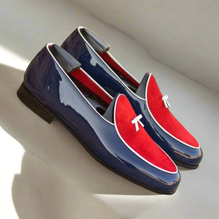 Ambrogio Bespoke Custom Men's Shoes Red & Cobalt Blue Suede / Patent Leather Belgian Loafers (AMB2229)-AmbrogioShoes