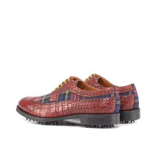 Ambrogio Bespoke Custom Men's Shoes Red Combination Tartan Fabric / Crocodile Print Leather Golf Longwing Blucher Oxfords (AMB2219)-AmbrogioShoes