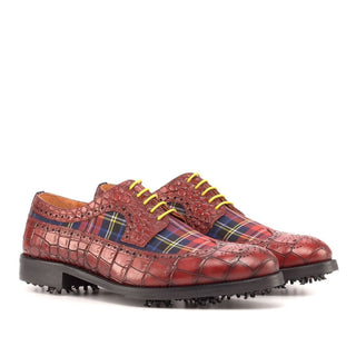 Ambrogio Bespoke Custom Men's Shoes Red Combination Tartan Fabric / Crocodile Print Leather Golf Longwing Blucher Oxfords (AMB2219)-AmbrogioShoes