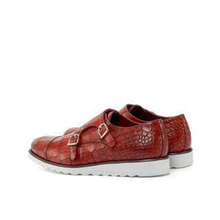 Ambrogio Bespoke Custom Men's Shoes Red Crocodile Print Monk-Straps Loafers (AMB2211)-AmbrogioShoes