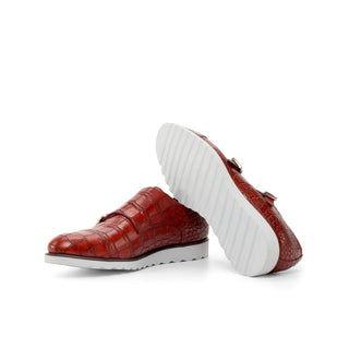 Ambrogio Bespoke Custom Men's Shoes Red Crocodile Print Monk-Straps Loafers (AMB2211)-AmbrogioShoes