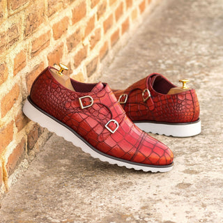 Ambrogio Bespoke Custom Men's Shoes Red Crocodile Print Monk-Straps Loafers (AMB2211)-AmbrogioShoes