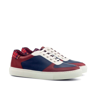 Ambrogio Bespoke Custom Men's Shoes Red, Navy & White Tartan Fabric / Calf-Skin Leather Trainer Sneakers (AMB2123)-AmbrogioShoes